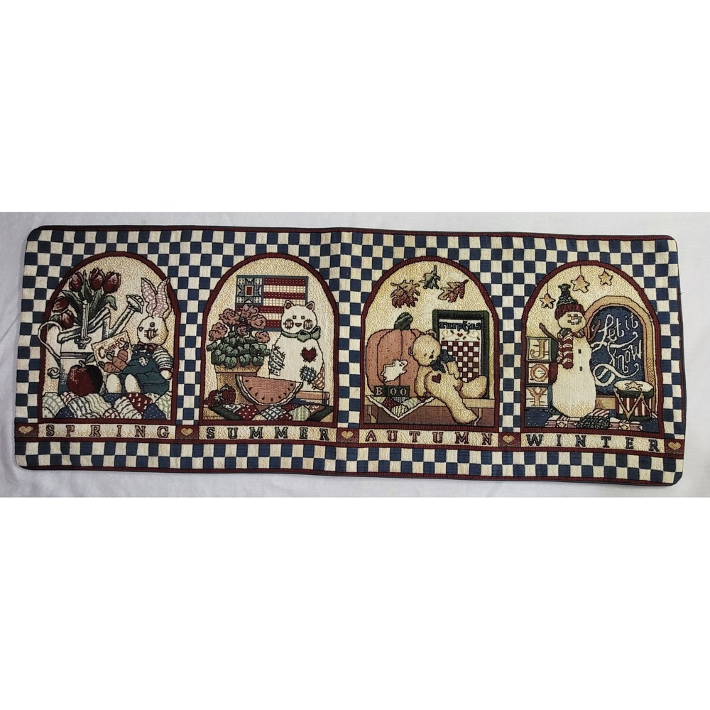 Woven Tapestry Table Runner Four Seasons Country Bunny Cat Snowman